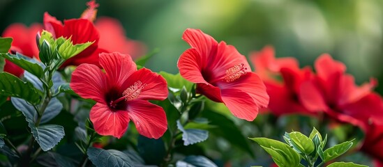 Wall Mural - captivating red hibiscus blossoms grace a lush garden of red hibiscus flowers in full bloom