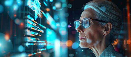 Canvas Print - Tech-Savvy Middle-Age Woman Seamlessly Navigates the Digital World While Using Her Computer