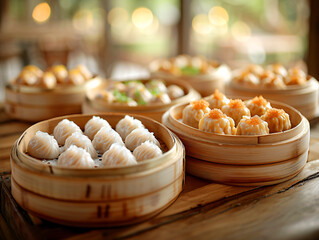 Wall Mural - steamed dumpling dim sum in bamboo basket on wooden table, closeup, Chinese new year concept