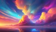 sunset over the mountains wallpaper 3d render, abstract fantasy background of colorful sky with neon clouds