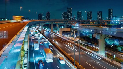 Aufkleber - 車の行き交う高速道路とデジタルテクノロジーイメージ