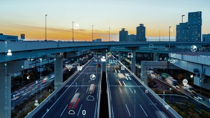 Fototapete - Modern city highway aerial view and digital technology concept. ITS (Intelligent Transport Systems). Mobility as a service.