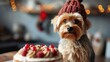 Cute Yorkshire terrier dog in a birthday cap sits near the cake on a minimalistic bright background