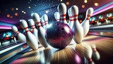 Dynamic bowling alley scene with a rolling ball striking pins amidst a vibrant, illuminated environment with a celebratory feel.Sports concept. AI generated.