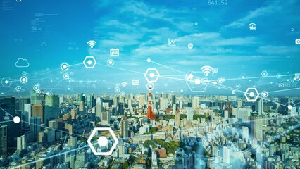 Poster - 現代都市と通信ネットワークイメージ