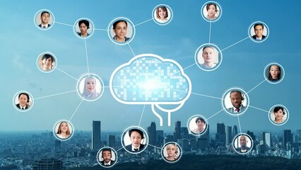 Poster - Multinational people communication and AI (Artificial Intelligence) concept. Human resources management.