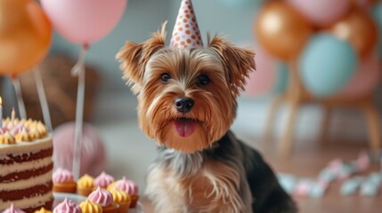 Sticker - Cute Yorkshire terrier dog in a birthday cap sits near the cake on a minimalistic bright background