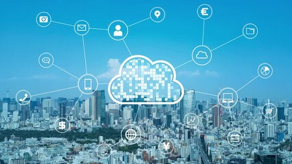 Leinwandbilder - Modern city aerial view and cloud computing concept. Digital transformation.
