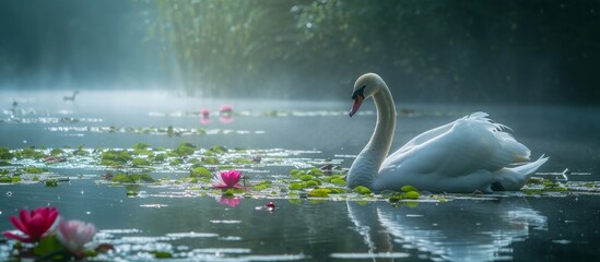 Poster - Majestic Swan Glides Gracefully in Tranquil Pond, Creating an Enchanting Swan Pond Symphony