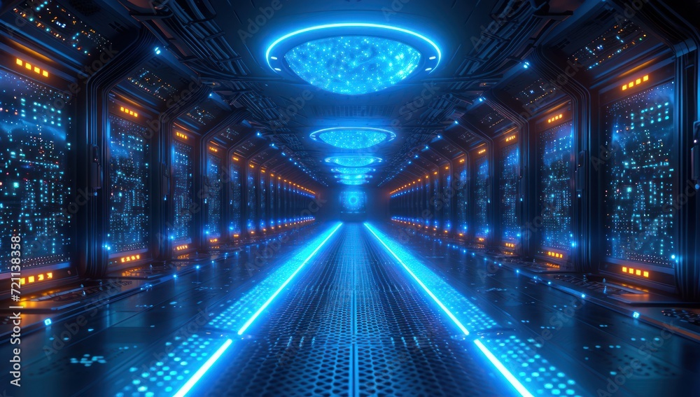 data center server area, data center with blue lights and rows