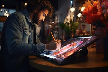 Wall Mural - An artist working on a digital tablet, showcasing the blend of technology and creativity. Generative Ai.