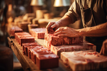 Canvas Print - A person making handmade soap, symbolizing the art of natural beauty products and craftsmanship. Generative Ai.