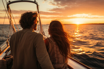 Sticker - A couple enjoying a sunset sailboat ride, depicting romance and the beauty of the sea. Generative Ai.