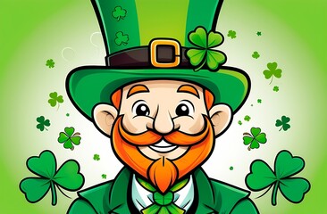 St. Patrick's Day. A smiling leprechaun in a hat on a shamrock background.