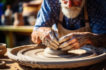 Poster - On a pottery wheel, skilled hands shape clay into intricate vessels, showcasing the meditative and therapeutic aspects of pottery as a retirement hobby. Generative Ai.