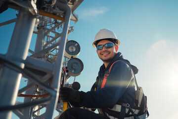 Wall Mural - engineer wearing safety gear working at top of signal antenna.Working at height.