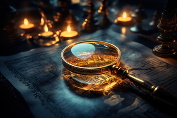 Poster - A magnifying glass hovers over the intricate details of a rare manuscript, emphasizing the role of glass in unlocking hidden mysteries and revealing secrets.  Generative Ai.