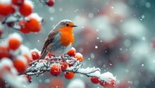Snowy Twig With Birds Perched On It And Berries In Winter