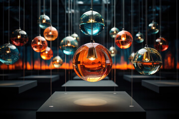 Poster - A contemporary art installation features suspended glass orbs, each containing a unique element that symbolizes diverse perspectives coming together in a harmonious display.  Generative Ai.