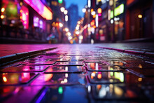 Neon Signs Flicker And Reflect Off Rain-soaked Pavement, Transforming A City Street Into A Vibrant And Dynamic Kaleidoscope Of Colors. Concept Of Urban Nightlife. Generative Ai.