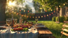 Picnic Dinner Party. Table With Different Delicious Meal Outdoor. Outside Lunch. Garden Backyard Summer Meeting. Fun Barbecue Grill Picnic. Happy People Celebrate Holiday. Food And Drinks On Table.