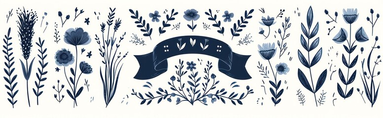 Wall Mural - wild grasses collection dark white and dark navy