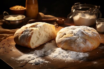 Freshly sliced homemade bread on wooden table with copy space for text, homemade baking concept