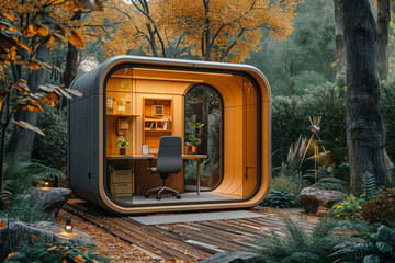 Poster - a soundproof home office pod, offering a secluded and tranquil work area within the home. concept of