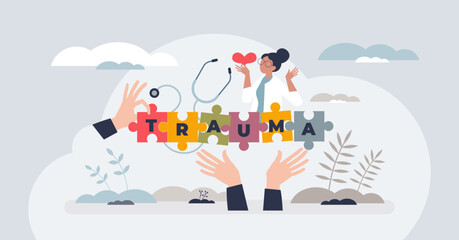 Wall Mural - Trauma informed care with understanding about patient body health condition tiny person concept. Complex medical treatment and therapy with professional specialist support vector illustration.