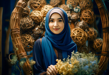 Wall Mural - Beautiful asian muslim woman wearing hijab with flower background.