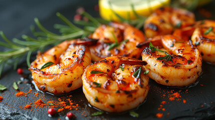 Wall Mural - Grilled shrimp with lemon and spices, beautiful serving dishes, restaurant, homemade food, grilled seafood.