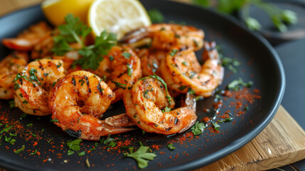 Wall Mural - Grilled shrimp with lemon and spices, beautiful serving dishes, restaurant, homemade food, grilled seafood.