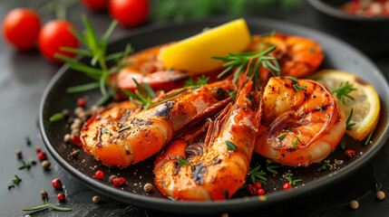 Wall Mural - Grilled shrimp with lemon and spices, beautiful serving dishes, restaurant, homemade food, grilled seafood.