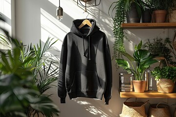 Wall Mural - Blank hoodie hanging in wooden hanger, Sweatshirt Mock-up hanging on wall