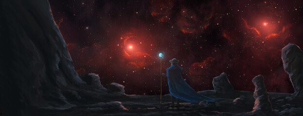 Wall Mural - magician walking on land with red nebula and stars in space. panoramic sci-fi landscape digital pain