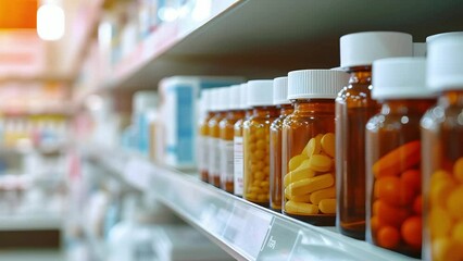 Wall Mural - A drug store with medicine bottles lined up beautifully on the shelves. on a blurred background Concept of selling medicines