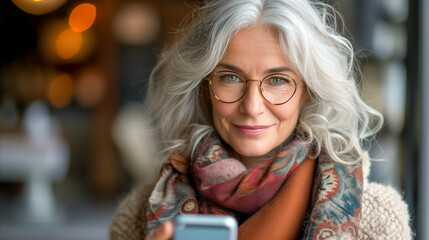 Wall Mural - Older mature senior woman using a mobile cell phone technology to text family