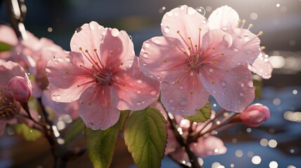 Wall Mural - Close-up of delicate cherry blossoms with fresh water droplets, with bokeh light effect.