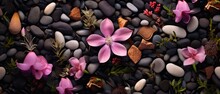 A Bunch Of Pink Flowers Are Scattered On A Black And White Background. Generative AI.
