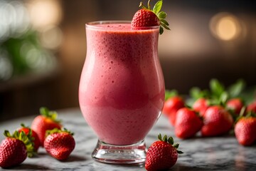 Wall Mural - Strawberry smoothie or milkshake in a glass with fresh berries. Summer refreshing drink