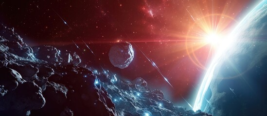 Poster - 3D artwork of sci-fi space scene with asteroid, planet, and background.