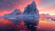 paysage nordique de l'Arctique avec montagne et mer gelée au soleil couchant