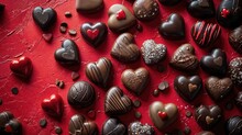 Heart Shaped Chocolates On A Red Surface. Delicious Valentine’s Day Background.