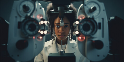 Afro American woman visiting the ophthalmologist for an eye exam using the phoropter machine during eye care appointment. Person is having vision test at the optical store. Optical diagnostic.