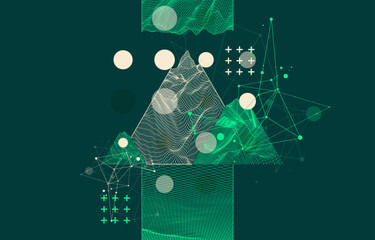 Scientific and technical image of the mountains. Abstract wireframe surface background inside a triangle. Hand drawn vector.