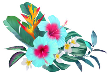 Beautiful tropical bouquet. Bright blue turquoise hibiscus flowers in vegetation. Jungle flowers, exotic