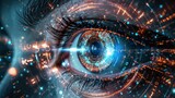 Fototapeta Londyn - Artificial Intelligence illustration of Cybernetic Eye, background image, generative AI