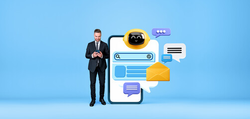 Poster - Businessman texting in smartphone and chat bot, technology and communication