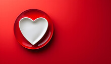 Heart Shaped White Plate On A Red Background Top View