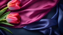 Two Red Tulips Lying Across Contrasting Magenta And Navy Blue Silk Fabrics, With A Luxurious Feel.